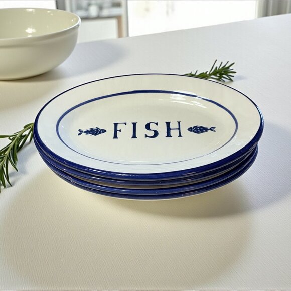 Set Of 4 Crate & Barrel Made in Italy Oval Fish Dinner Plates - Picture 7 of 9